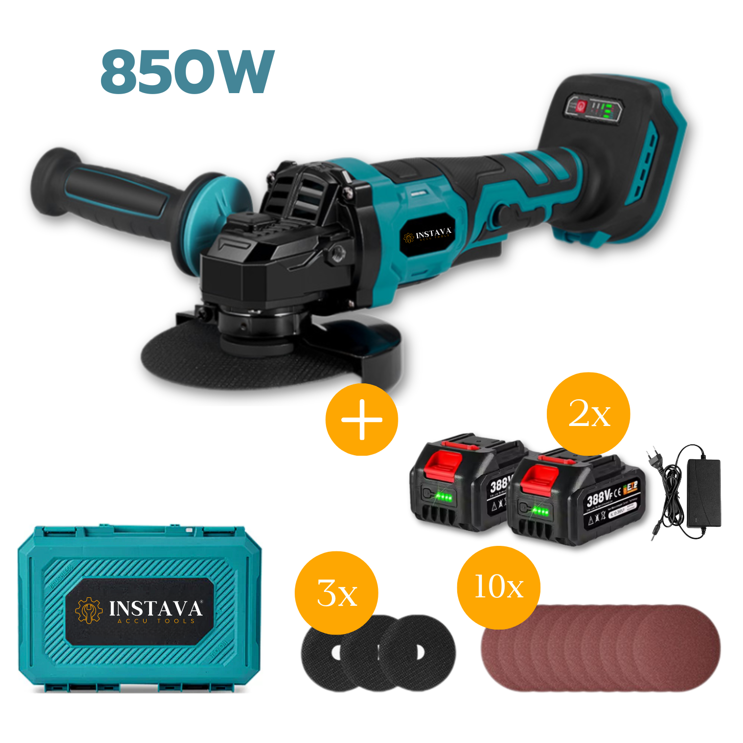 Haakse Slijper 850W - Ø125MM - Geschikt Voor Makita 18v Accu - Incl. 3x Slijpschijven + 10x Schuurpapier