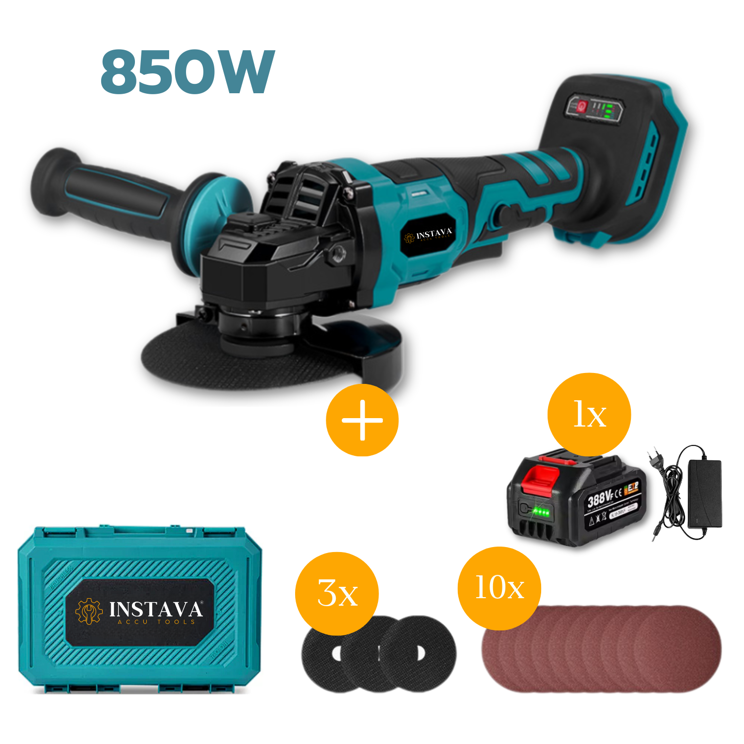 Haakse Slijper 850W - Ø125MM - Geschikt Voor Makita 18v Accu - Incl. 3x Slijpschijven + 10x Schuurpapier - 1x Accu