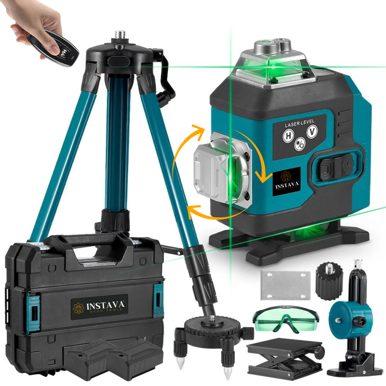 4D 16-lijn Roteerbare Zelfnivellerende 360° Graden Kruislijnlaser + Statief - Incl. 2x accu & stevige opbergkoffer